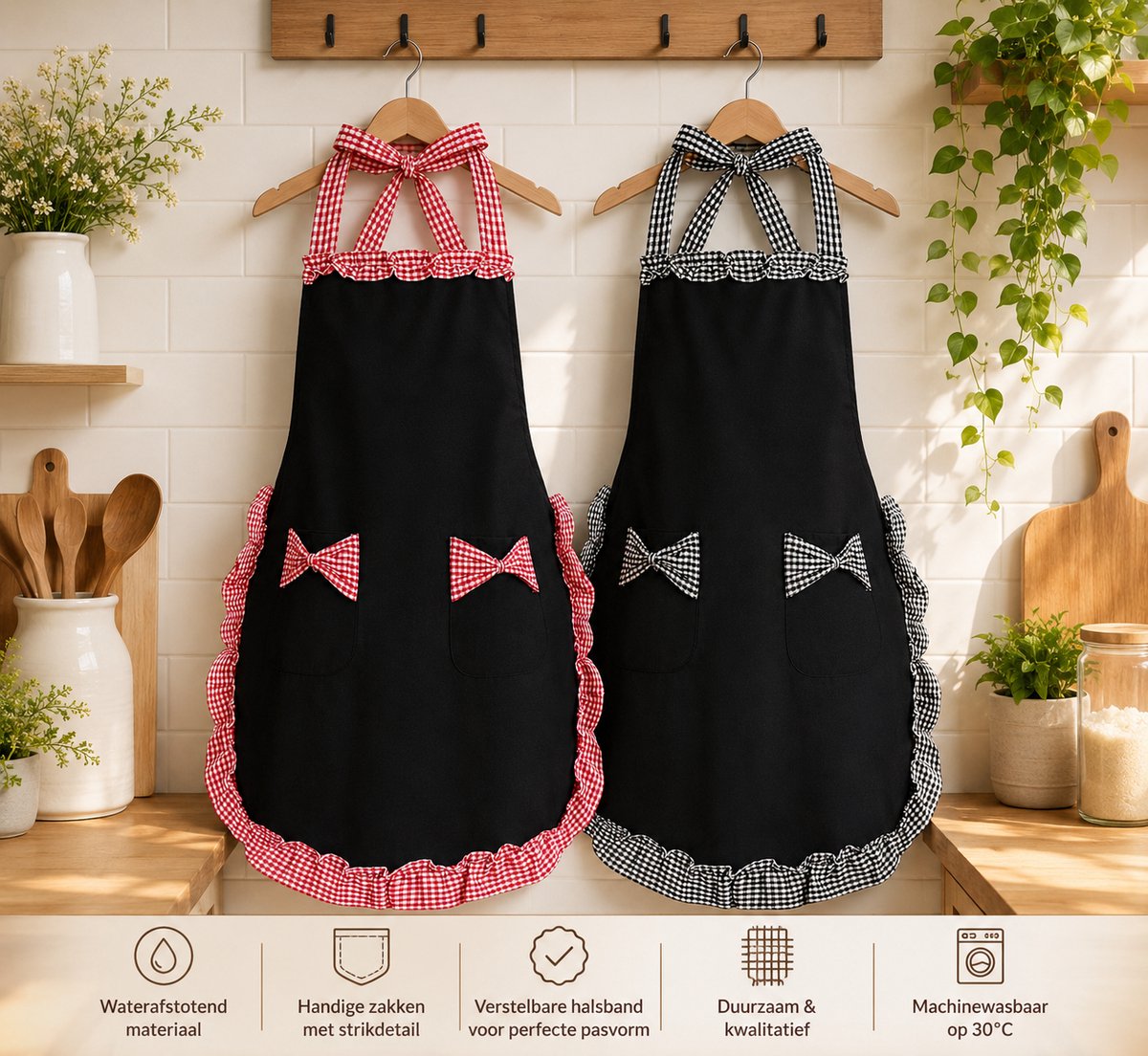 Dames Schort met 2 Zakken, Waterdicht Katoen/Polyester, Verstelbaar, voor Koken, Bakken en Tuinieren