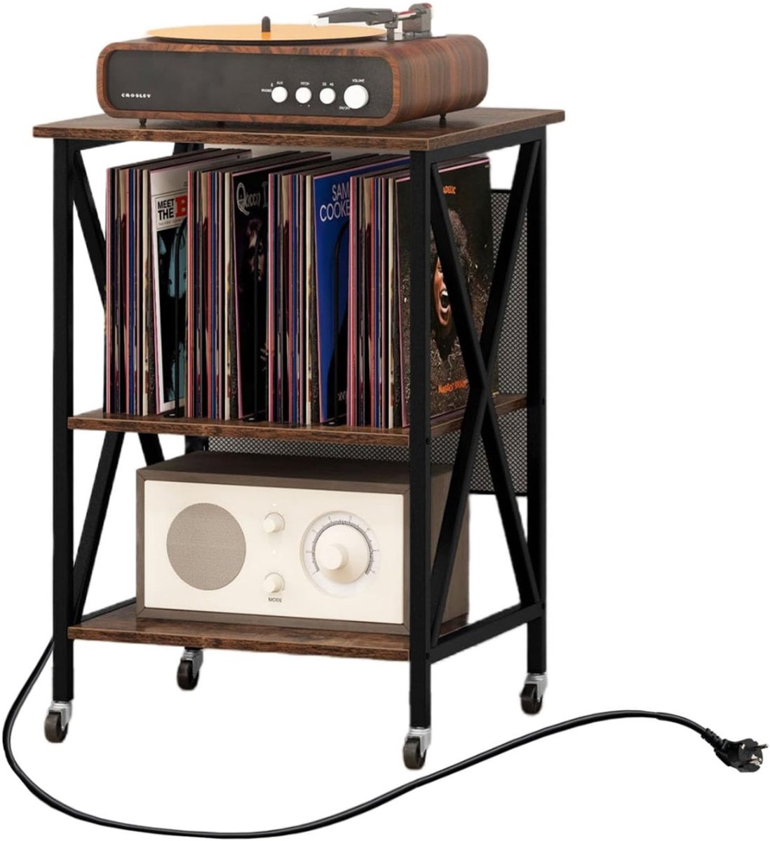 SNJY® Platenspeler Meubel - Platenspeler Kast - LP Houder - Platenhouder - 45D x 52B x 75H cm - Zwart/Bruin
