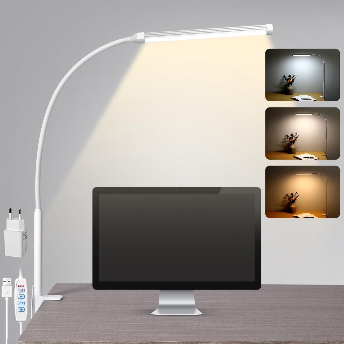 LED Bureaulamp met Klem - Wit - Flexibele Desk Lamp met USB-Oplaadpoort - Voor Thuis en Kantoor