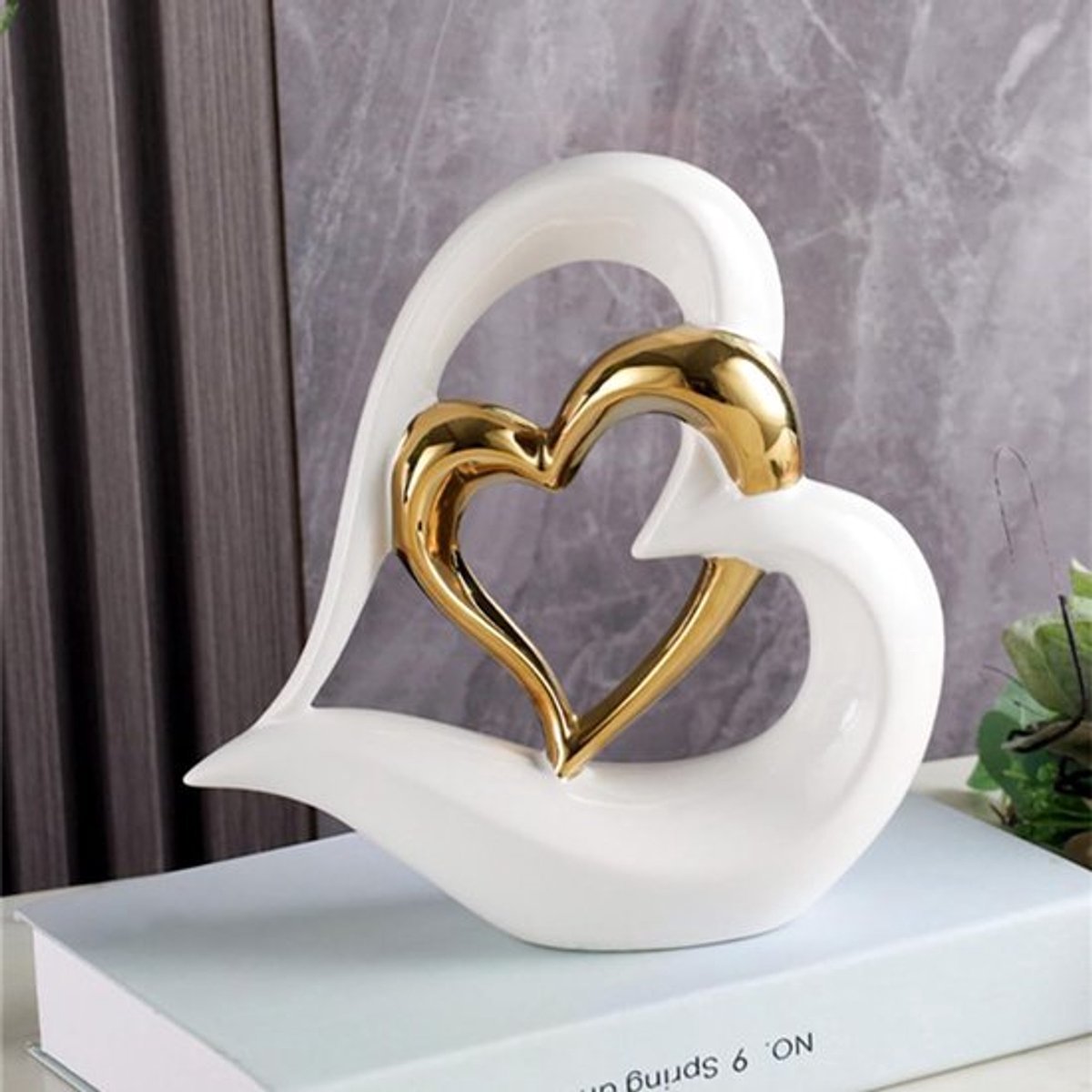 Hart Ornament Dubbel - Keramisch Standbeeld - Woondecoratie Sculptuur - Creatief Huis Geschenk - Decoratie Kantoor - Elegant Ontwerp