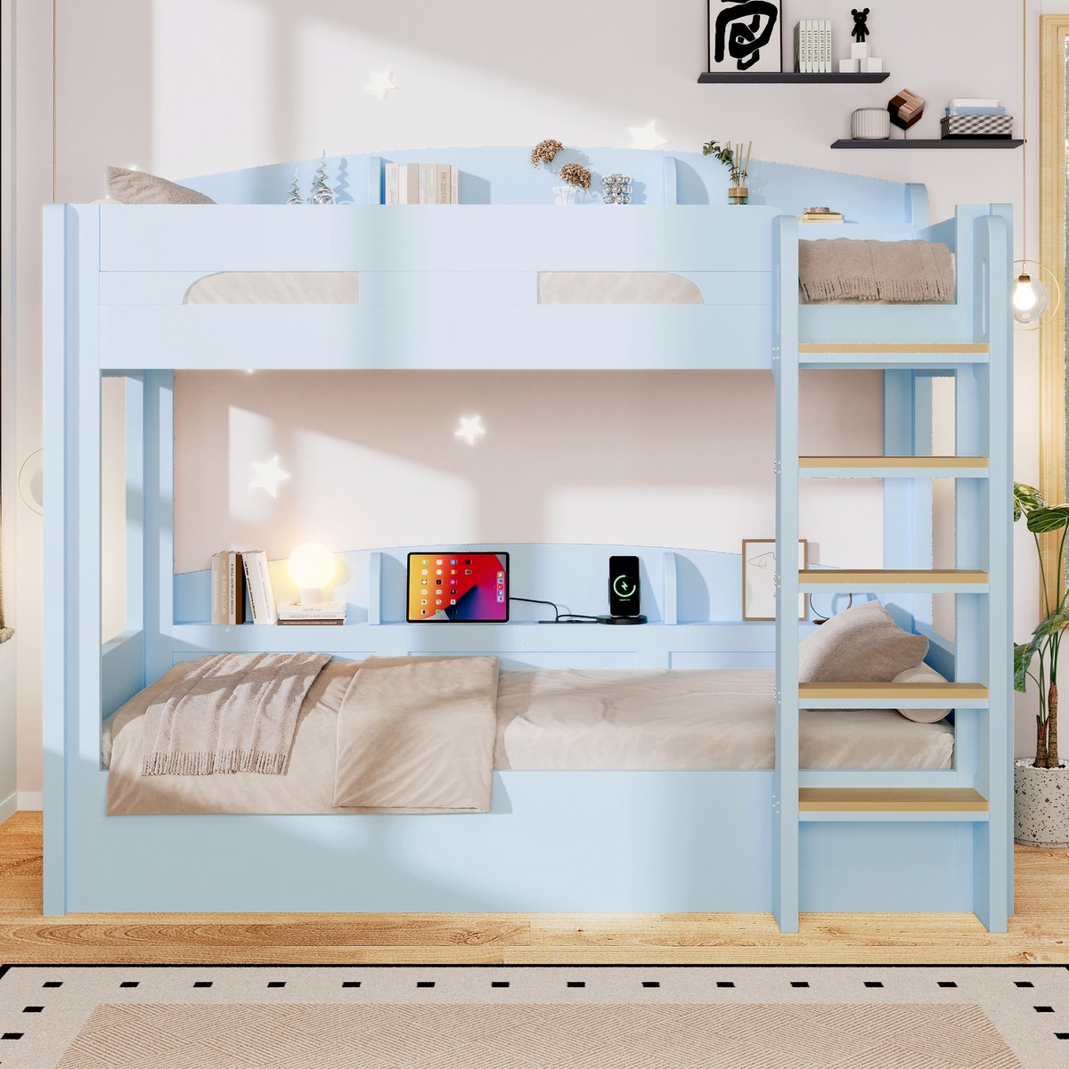 MODFU - Stapelbed - USB Aansluiting - Opbergruimte - Hellblauw