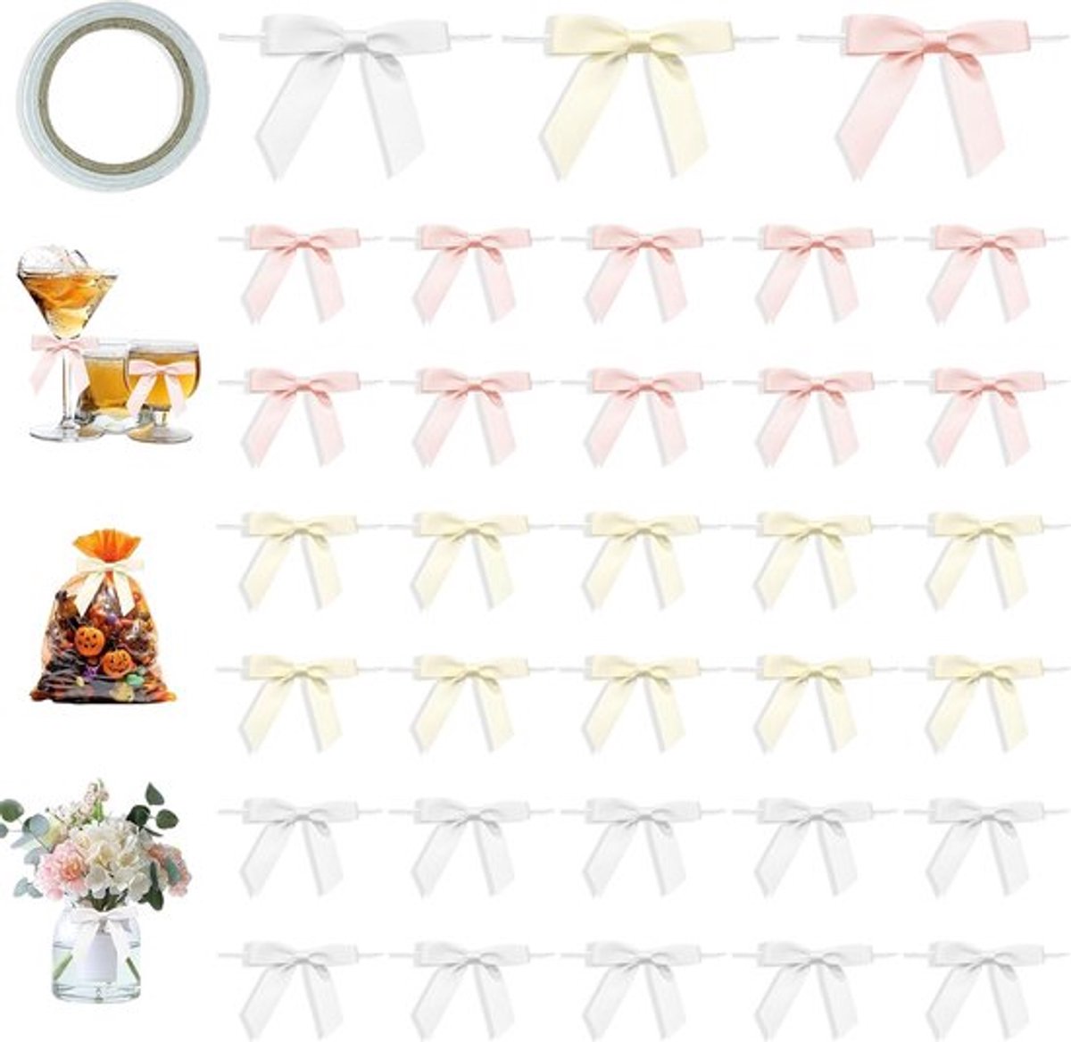 Kleine Satijnen Strikjes voor Cadeauverpakking, 75 Stuks Mini Decoratiestrikjes, Ideaal voor Bruiloft en Feest, 7 cm Knutselstrikjes in Wit, Lichtgeel en Roze