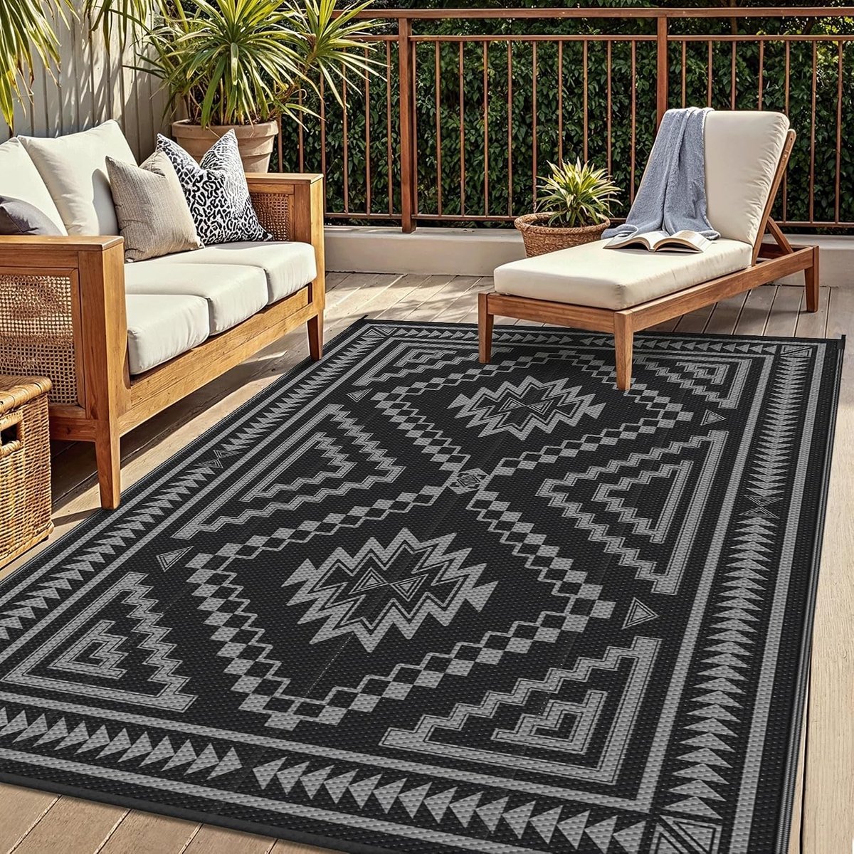 Buitentapijt - Zwart-Grijs - 120 x 180 cm - Omkeerbaar en Waterdicht - Voor Buitengebruik