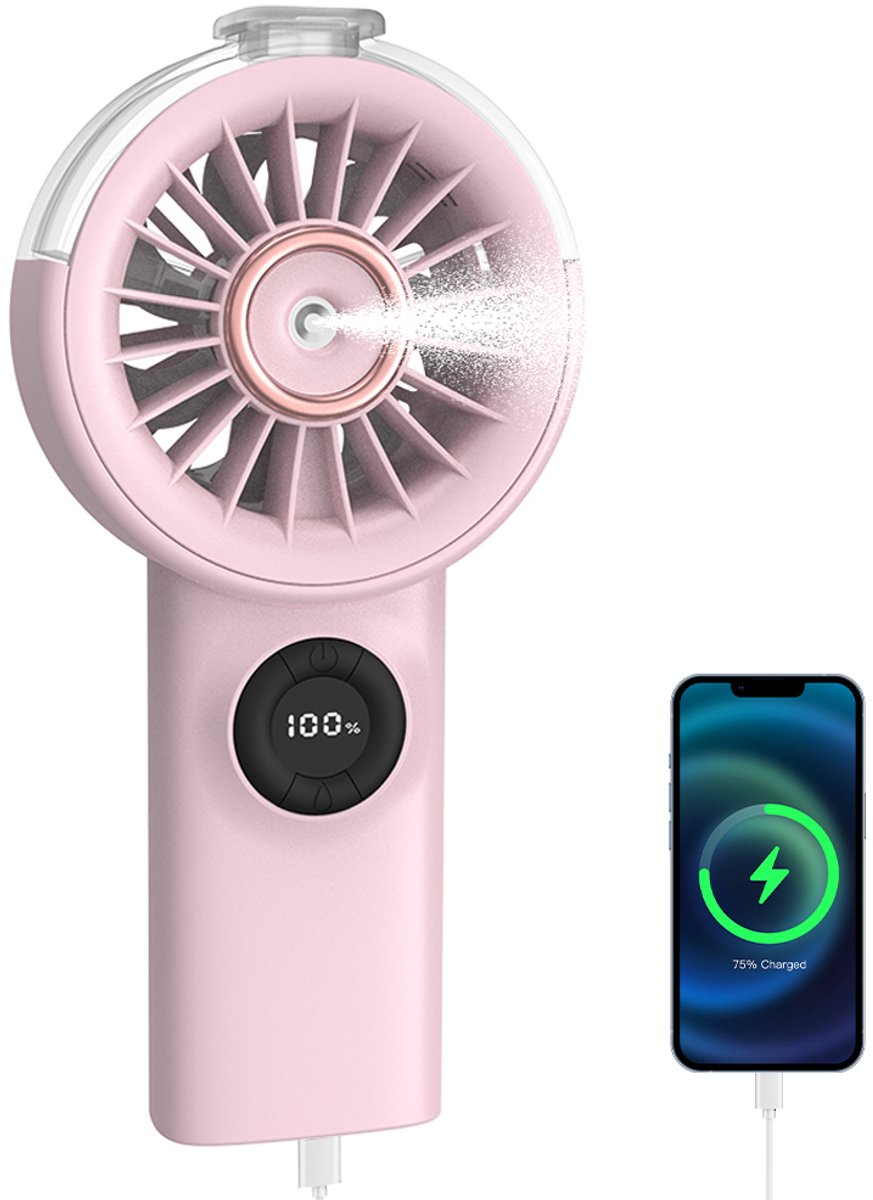 Handventilator met Verneveling – Draagbare Mini Ventilator – Bureauventilator – 3600mAh – 100 Instelbare Snelheden – USB-C Oplaadbaar – Powerbankfunctie – Digitaal LED-Display – Roze – 1 Stuk