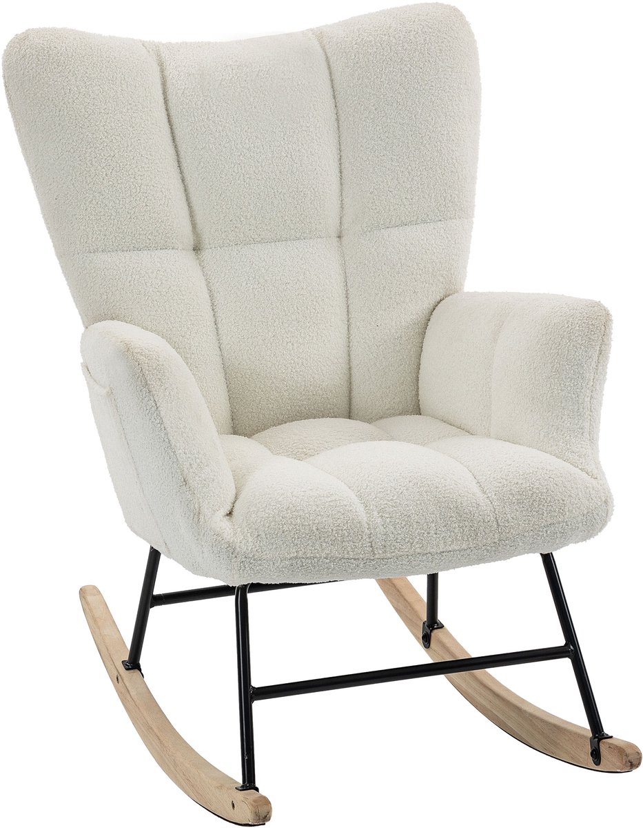 HOMCOM Schommelstoel Teddy Pluche (100% polyester), rubberhout - 66 x 90 x 90 cm - Crème