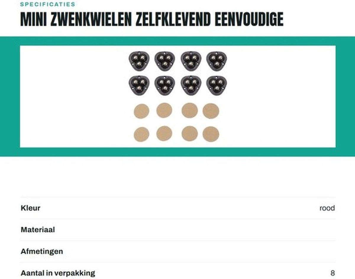Zwenkwielen set van 8 - Mini zwenkwielen - Zelfklevend - 360 graden draaibaar - Eenvoudige installatie - Roestvrij staal - Wielen