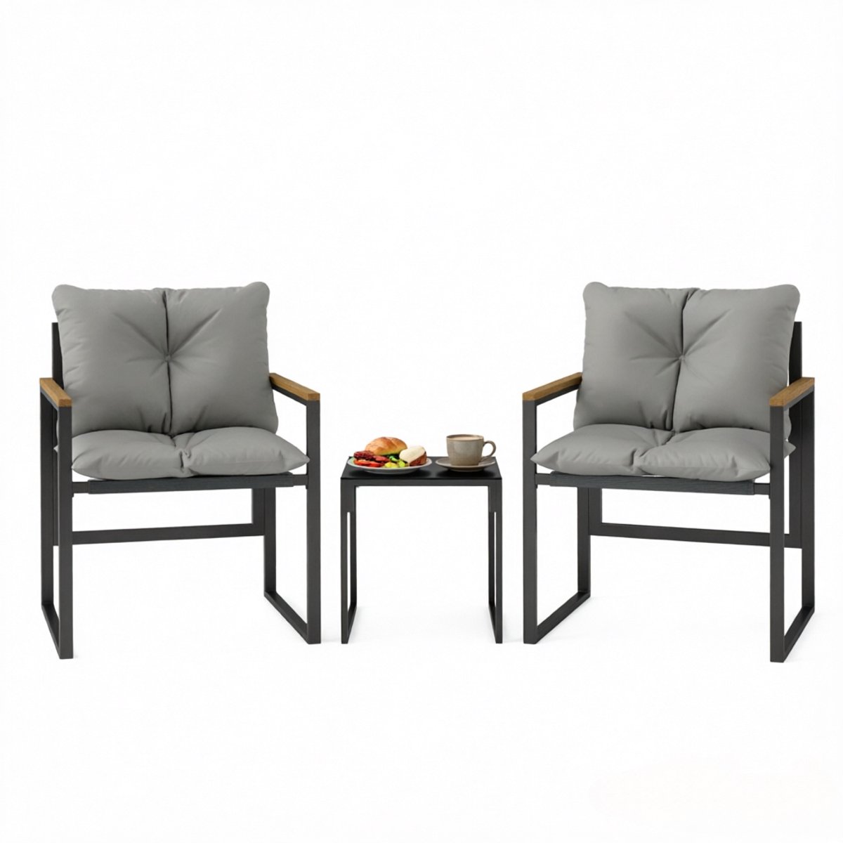 Terrasmeubilair set van 3 stuks - twee stoelen met dikke kussen - bijkomende koffietafel - zwarte metalen steun - grijze kussen