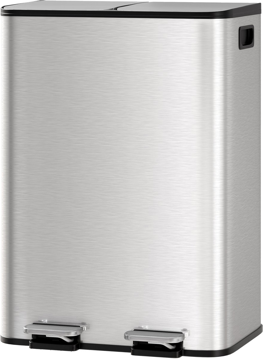 Pedaalemmer Groot RVS 60L (2x30L) - 47.6x37.6x67cm - Prullenbak - Afvalbak Dubbel Compartiment - Soft Close Deksel - Uitneembare Binnenemmers - Voor Keuken Woonkamer - Zilver