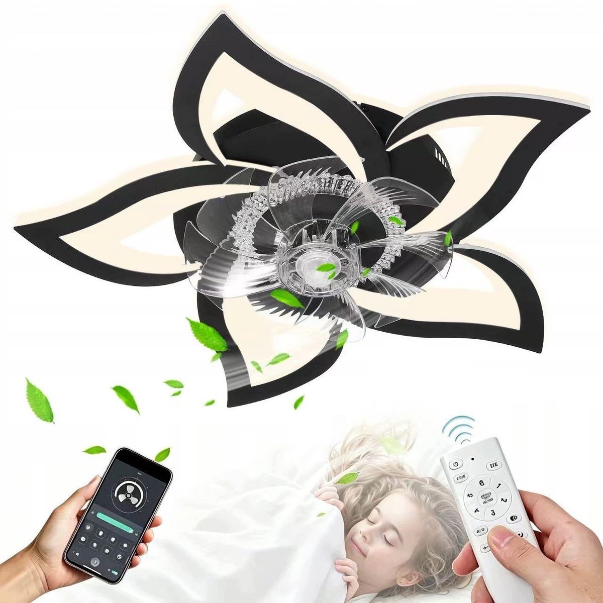 Slimme Plafondventilator met LED Lamp - 50W Energiezuinige Plafondlamp - Lotusvorm- Bediening via Afstandsbediening én App - Met Instelbare Windsnelheden-Zwart