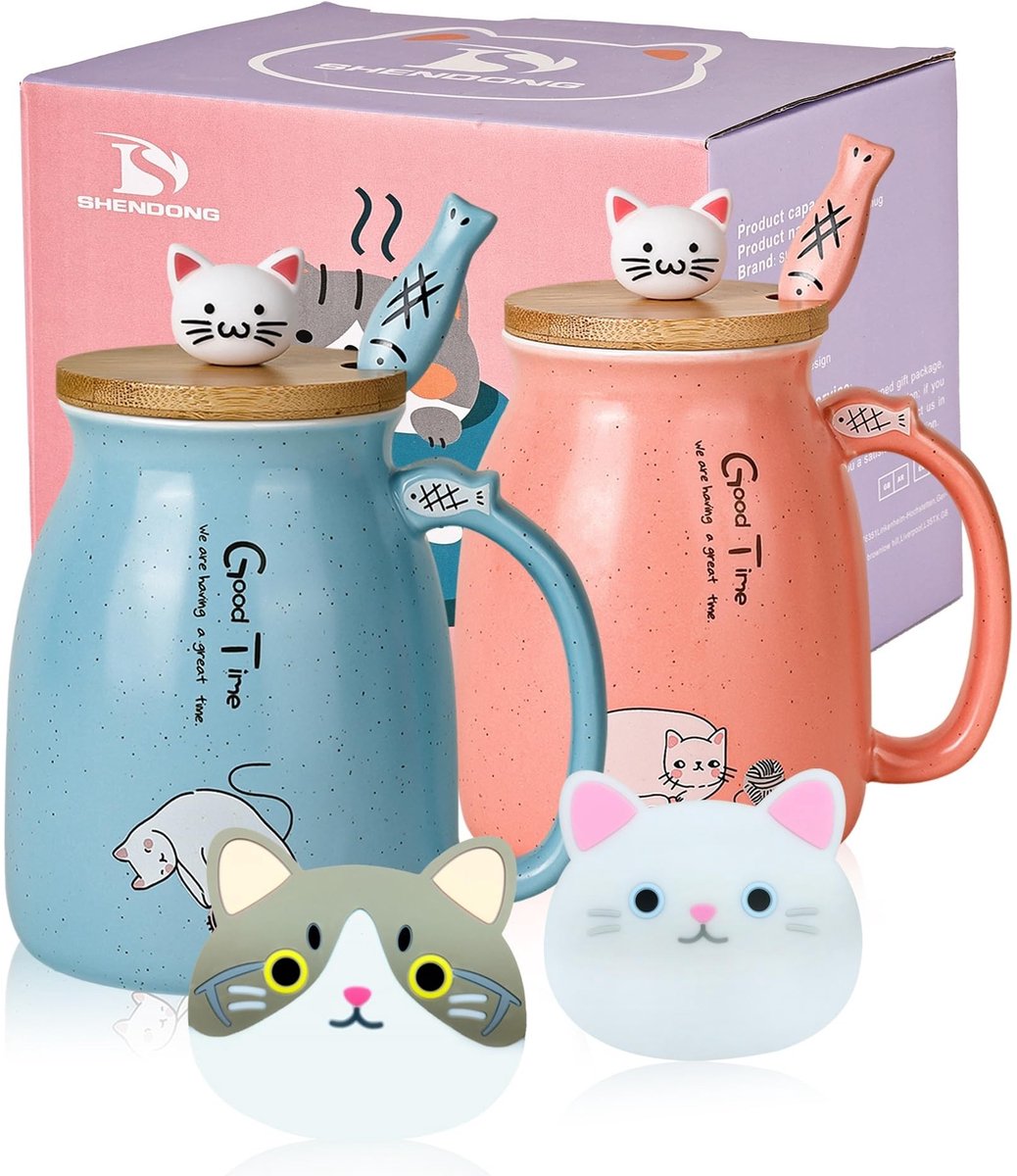Solidchoice - Set van 2 Schattige Kat Mokken met Bamboo Deksel en Lepel