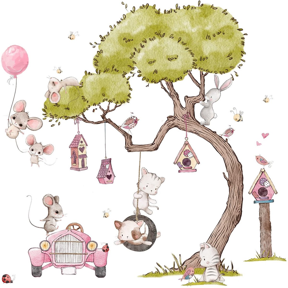 Solidchoice - Muurstickers voor Kinderen met Katten en Vogels in Roze