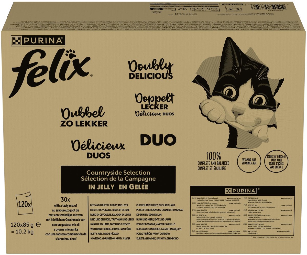 Solidchoice - Felix Natvoer, Dubbel Smakenmix voor Volwassen Katten in Gelei, 120 Stuks