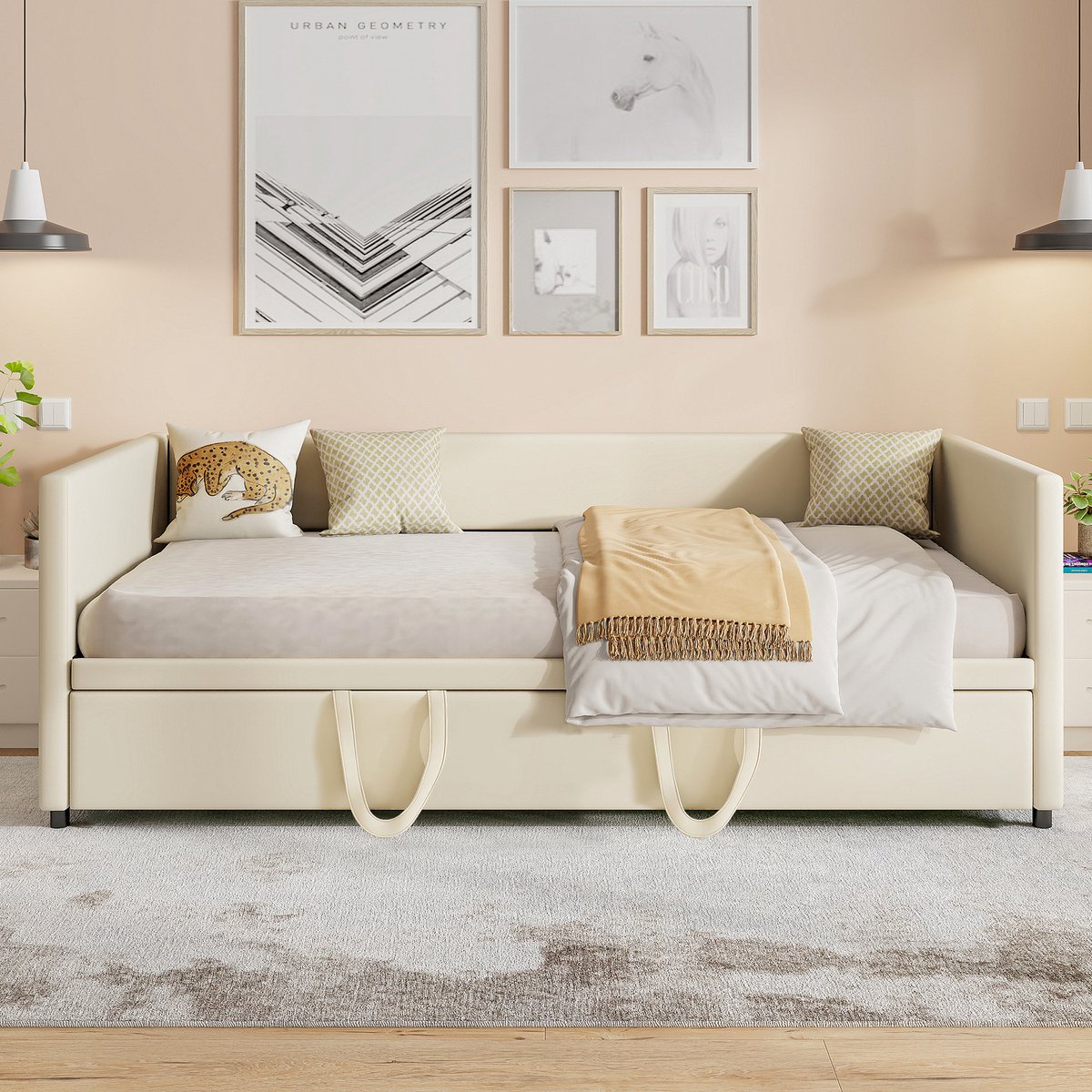 Slaapbank 90/180x200 cm, uitschuifbaar bed voor de woonkamer, ruimtebesparende 2-zits slaapbank, fluwelen bekleding, beige, zonder matras