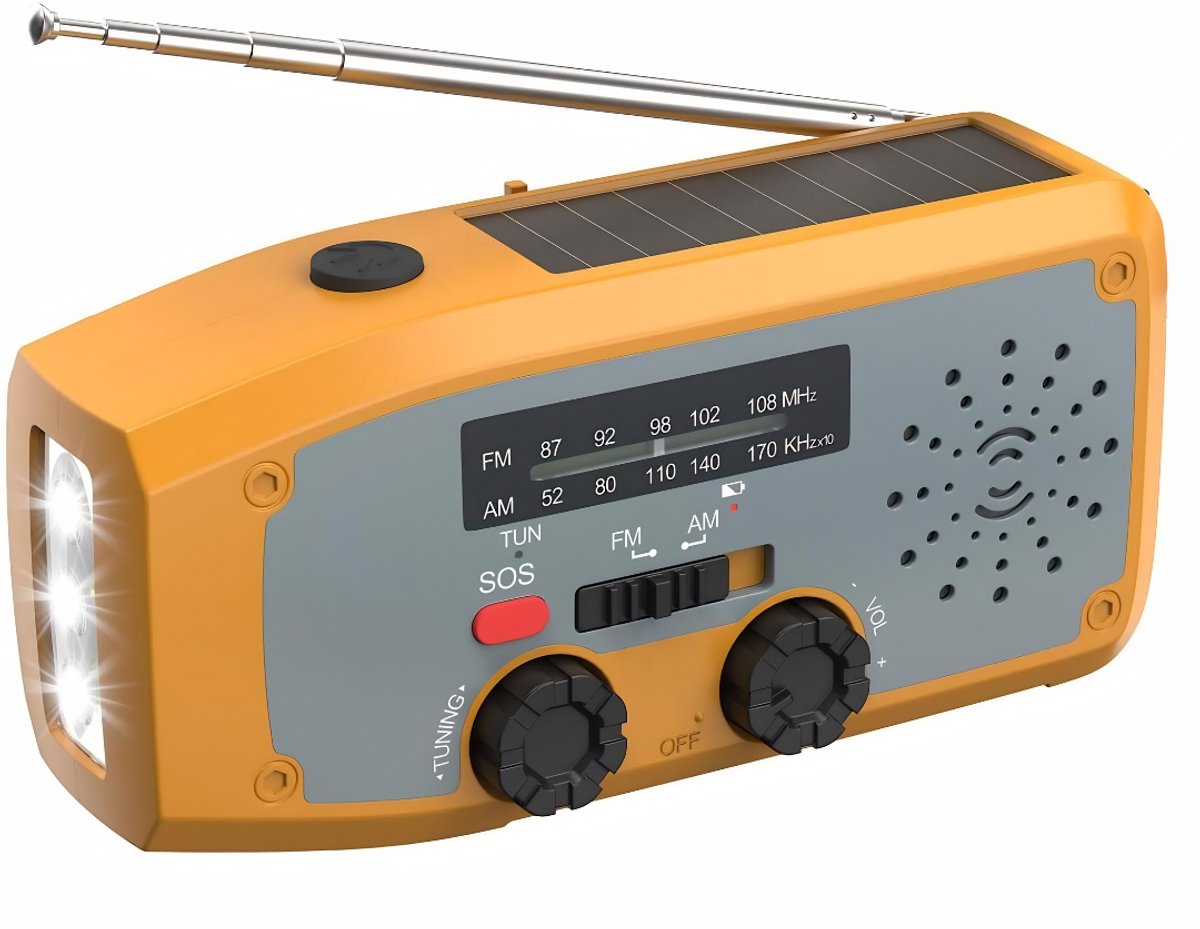 KIRA® Radio - Draagbare Radio met Zaklamp & Powerbank - Noodradio op Batterijen & Zonne-energie - Geel - 13cm x 6cm x 5cm
