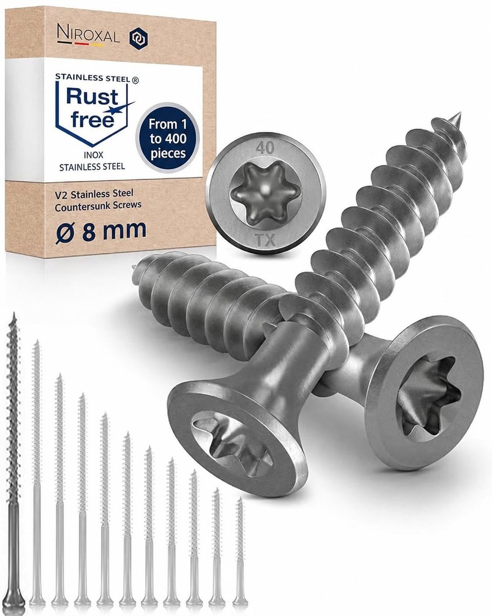V2A Torx Houtschroeven 8x240mm met Verzinkte Kop, 25 Stuks