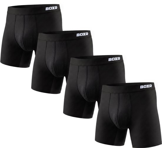 Set van vier zwarte BOXR boxershorts met een brede tailleband en BOXR logo.
