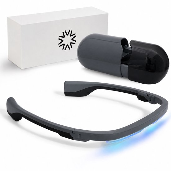 AYO lichttherapiebril in carbon black met blauwe verlichting. Inclusief opbergdoosje en oplader.