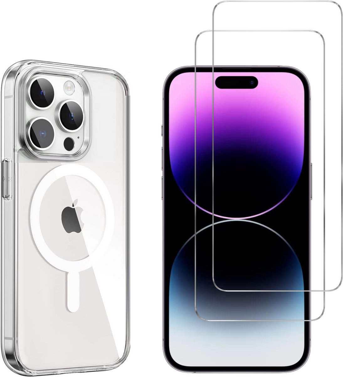 iPhone 15 Pro Hoesje backcover Shockproof siliconen Transparant met geïntegreerde magnetische cirkel en 2 stuks Screenprotector Gehard Glas