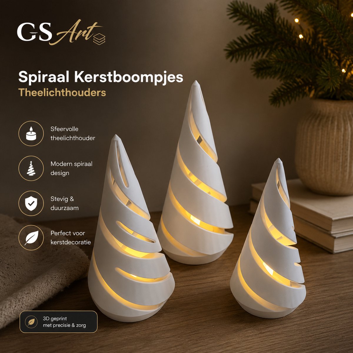 GSArt Spiraal Kerstboompjes Theelichthouders – Set van 3 met LED Theelichtjes - Mat Wit