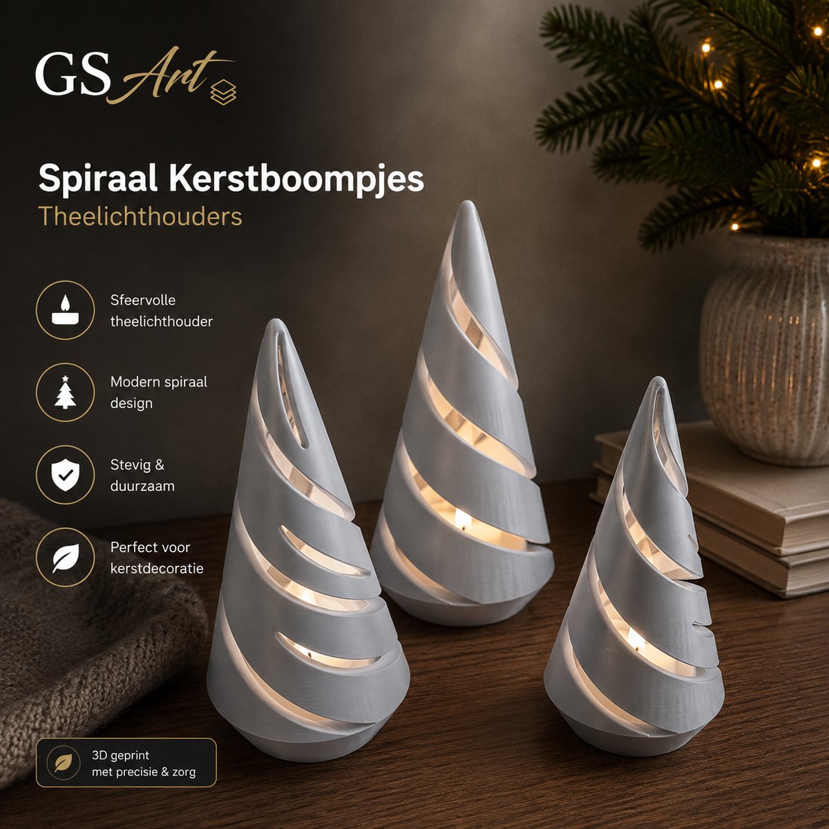 GSArt Spiraal Kerstboompjes Theelichthouders – Set van 3 met LED Theelichtjes - Glanzend Zilver