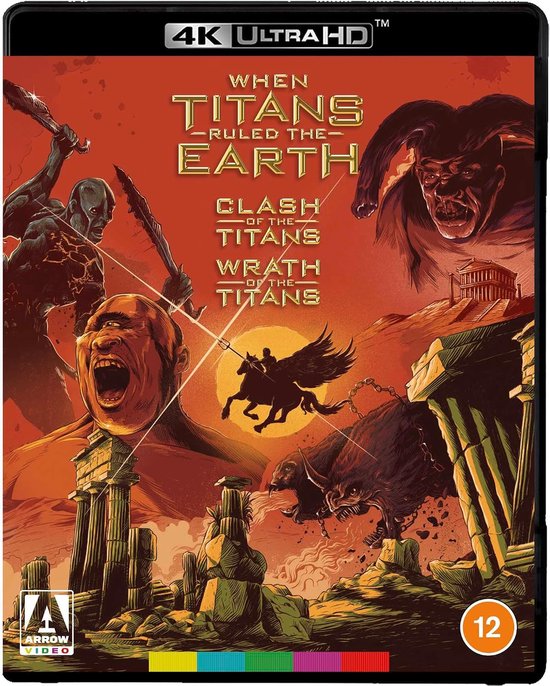 4K Ultra HD Blu-ray hoes met de titel "When Titans Ruled The Earth - Clash Of The Titans - Wrath Of The Titans". Op de hoes staan mythologische wezens, strijders en ruïnes.