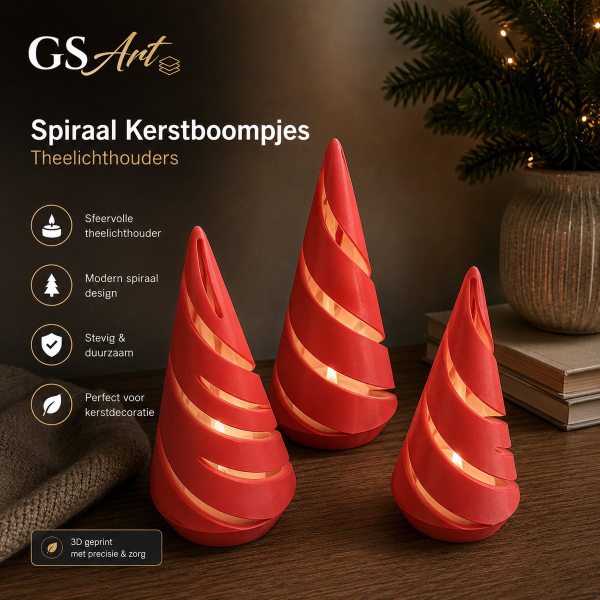 GSArt Spiraal Kerstboompjes Theelichthouders – Set van 3 met LED Theelichtjes - Scharlaken Rood