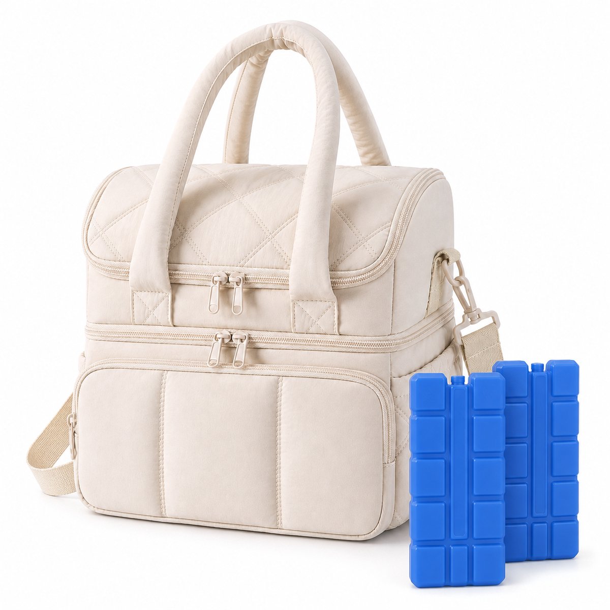 VHV - Koeltas - Geïsoleerde Lunchtas -Geïsoleerde koeltas - lunchpakket set 2 koelelementen- Dubbele Isolatie, - 24,5x17,8x24,5cm - Voor Werk, School, Picknick en Reizen - Beige