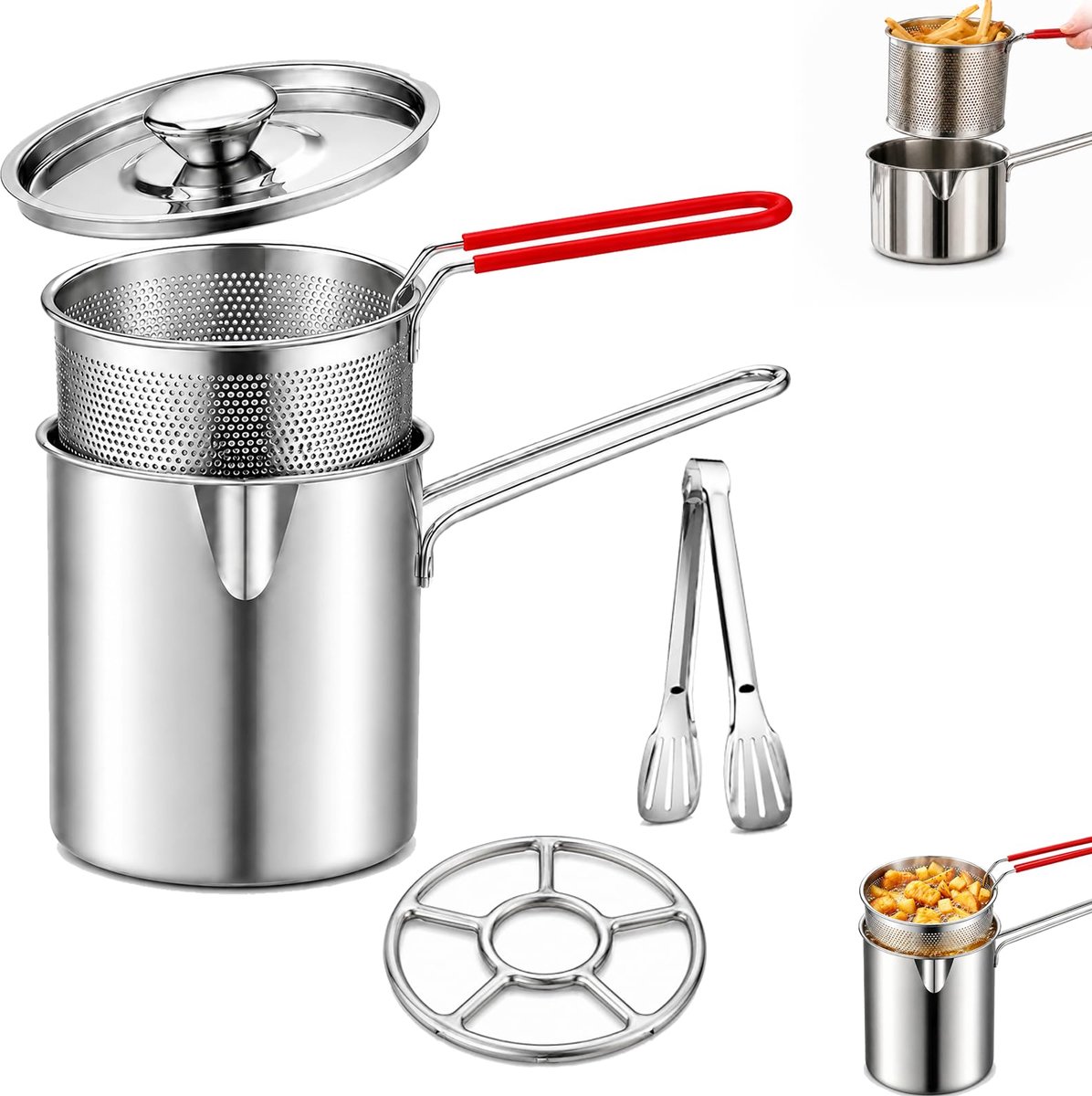 Namajunas - RVS kookpannenset - Frituurpan met uitlepelmandje en foodtongs - 5-delig - Mini 1,2L fornuispannetje met uitneembaar vergietrekje - Kookset voor friet, kip, kamperen en thuis
