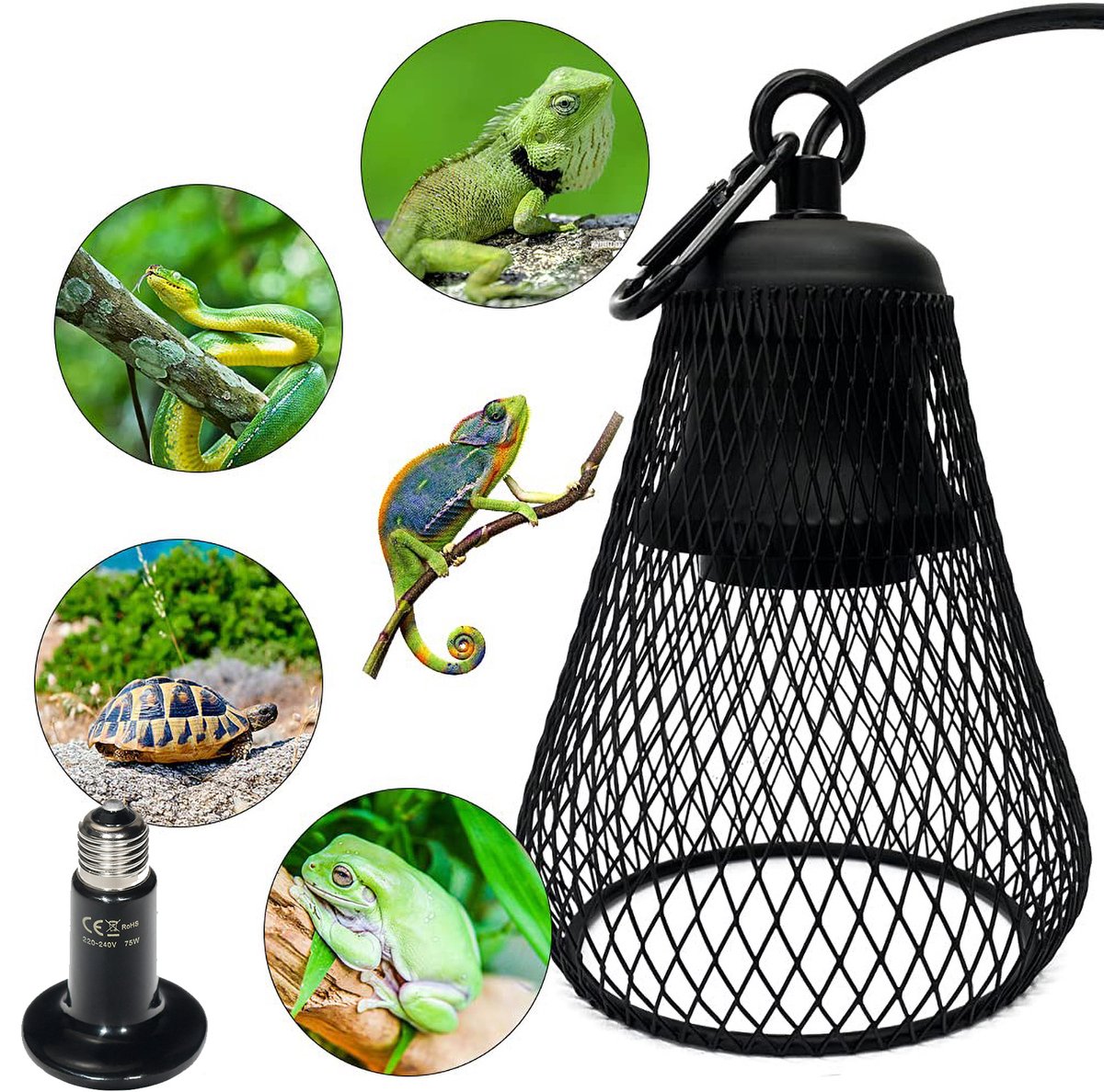 Reptielenverwarming – Met verwarmingsfunctie - Schildpadverwarming – Keramische verwarmingslamp - Geschikt voor schildpaddenverblijven en aquariums - Hittebestendige en warme lampenkap - Dimmer - 75W lamp - Zwart