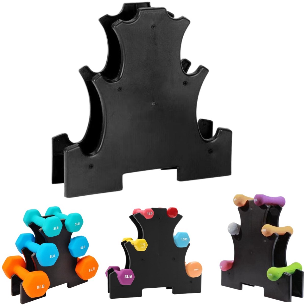 Drielaags halterrek - opbergrek voor fitnessapparatuur - boomvormig ontwerp - halterstandaard - draagt ​​tot 15 kg - biedt ruimte aan 3 paar kleine halters (28*31*8,5 cm - zwart)