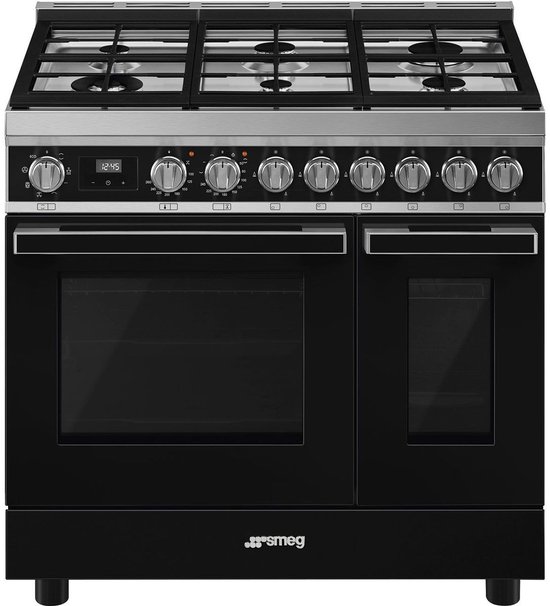 SMEG Portofino CPF92GMBL Gasfornuis 90 cm - 6 Gasbranders - 2 Elektrische Ovens - Zwart