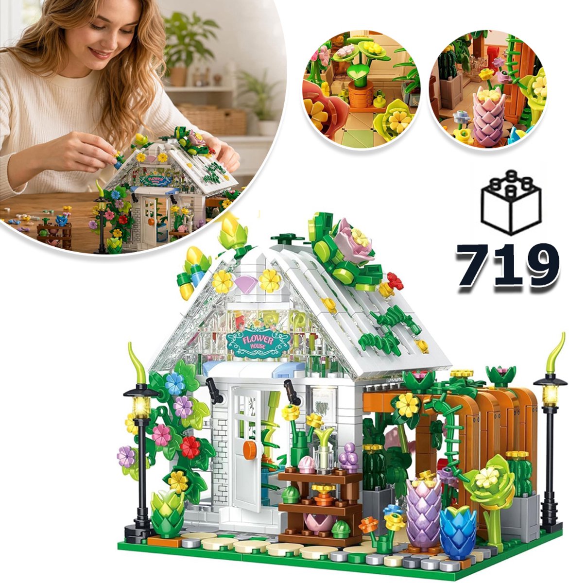719-Delige Bouwset Voor Een Bloemenhuis Met LED-Verlichting - Creatief Bouwpakket Educatief En Leuk - Prachtige Decoratie Ideaal Cadeau Voor De Start Van Het Schooljaar En Voor Een Verjaardag