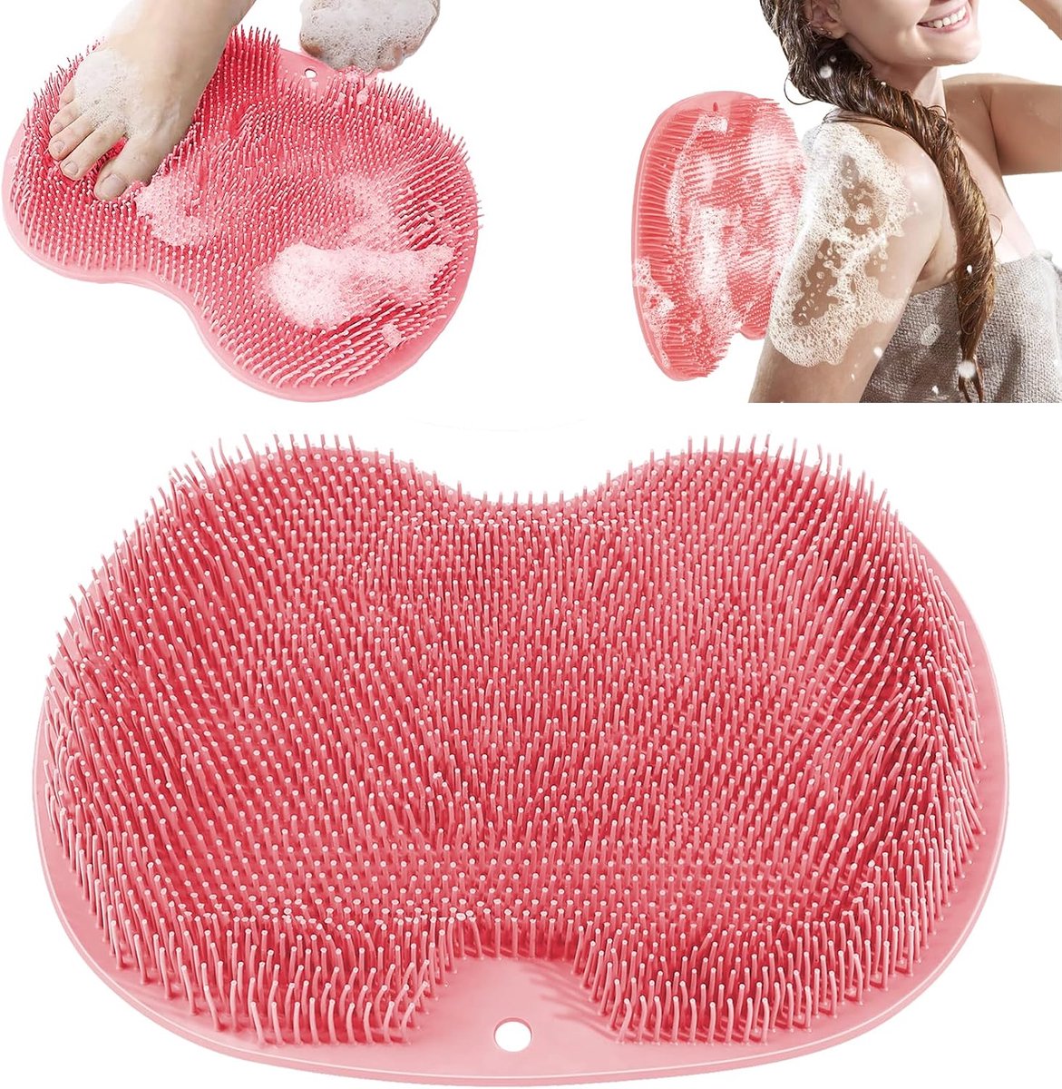 2 stuks Siliconen bad‑massagekussen, voetborstel en voetscrub met antislip zuignappen, voor voetverzorging en ontspanning（roze）