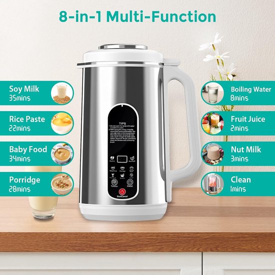 Plantenmelkmaker 1,2 Liter - 8-in-1 Sojamelkmachine met Zelfreiniging - 800W - 24 Uur Timer en Warmhoudfunctie - Voor Notenmelk en Sojamelk — afbeelding 5