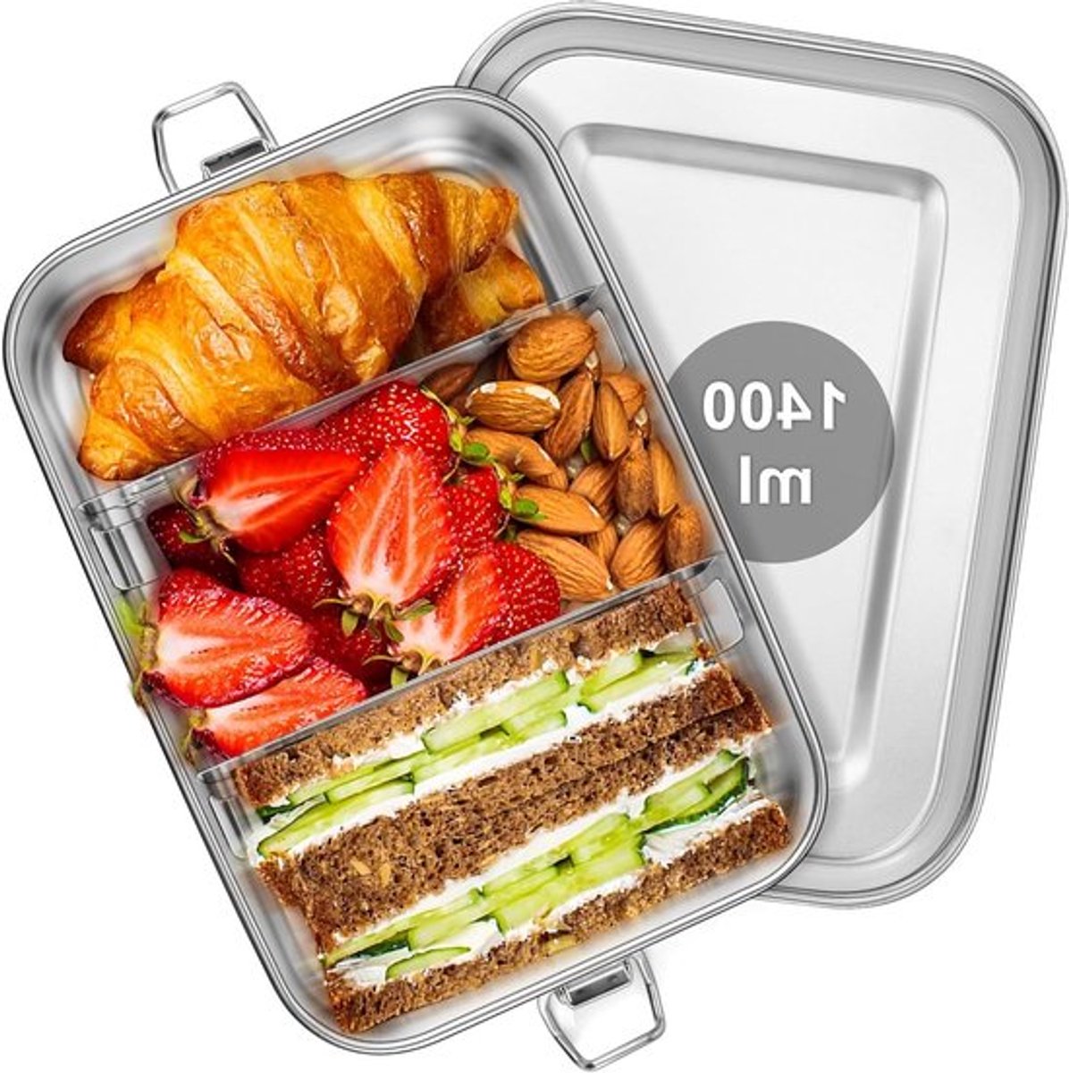 Lunchbox met Compartimenten van RVS, 1400 ml, Ideaal voor Werk, Reizen en Kamperen, Lekvrij en Duurzaam