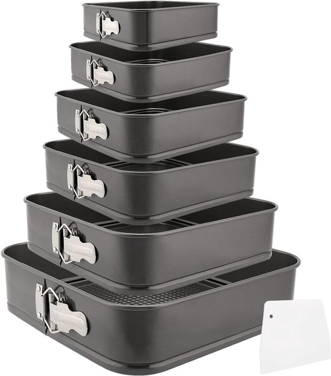 Set van 6 Bakvormen, Vierkante Bakvorm met Trapezium Cake Schraper, Ideaal voor Taarten en Desserts