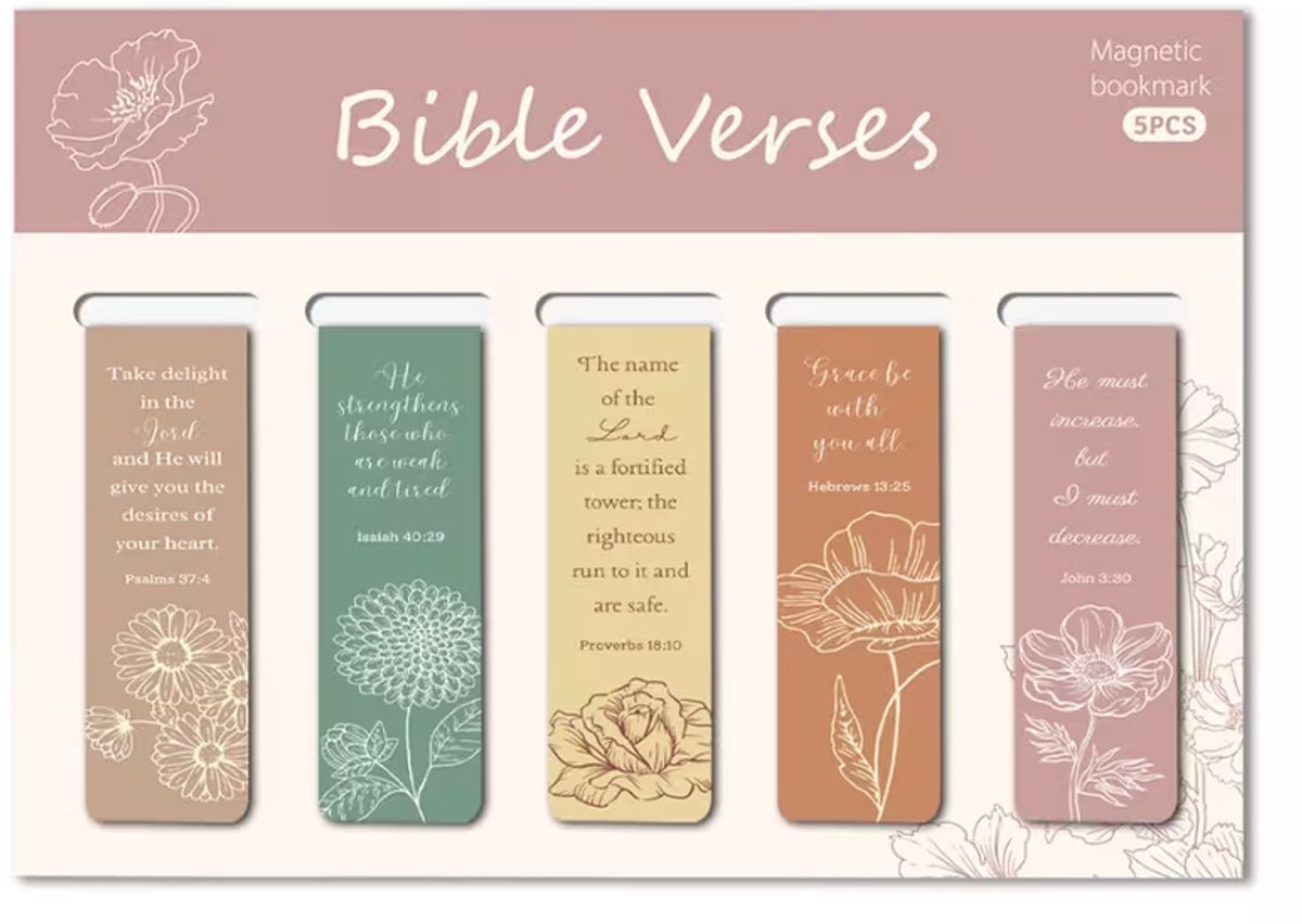 Viwado® Magnetische Boekenleggers 5 Stuks – Bijbelversen & Bloemen – Christelijke Bladwijzers – Inspirerende Bijbelteksten