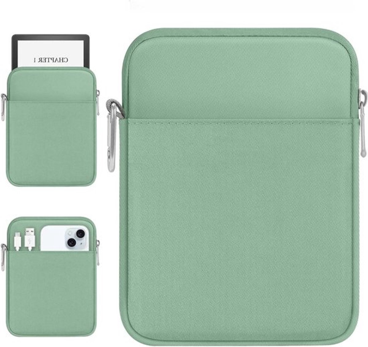 Gevoerde e-reader hoes voor 6-7 inch tablet - Beschermhoes met karabiner en geschikt voor 7 inch e-reader, duurzaam en stijlvol ontwerp in donkergroen