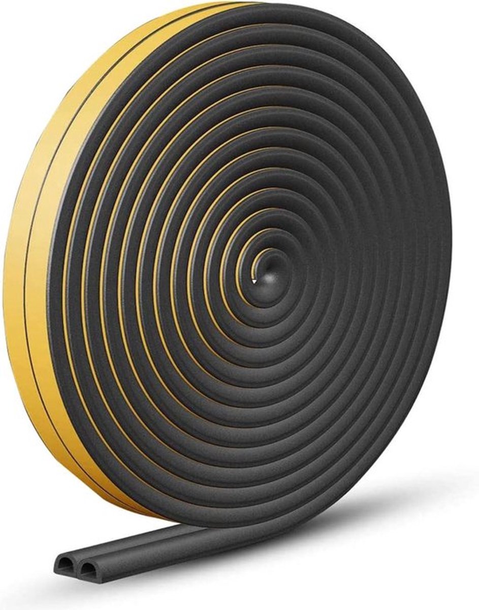 Tape deurraam zelfklevende schuim isolatiestrook weerstrippen - Diepgang, type D - 9mm x 6mm x 25 meter - 2 afdichtingen - 5M zwart