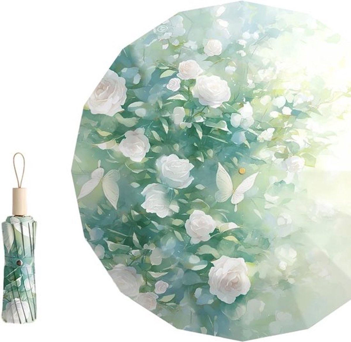Grote UPF50+ Parasol met UV-bescherming, Dubbele Fiberglas Steunen, Winddicht en Compact voor Zon en Regen, Vintage Bloemenontwerp voor Vrouwen