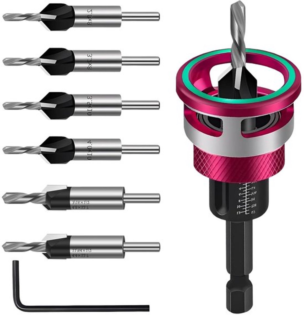 Set van 8 Houtboor met Vlakke Onderkant, Diepte-instelling en Countersink voor Houtbewerking en DIY-projecten