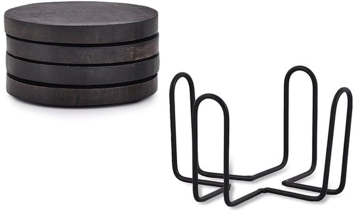 Onderzetter Set van 4 - Onderzetters met Houder - Acacia Hout - Metalen Houder - Tafelblad Bescherming - 10,16 cm x 10,16 cm