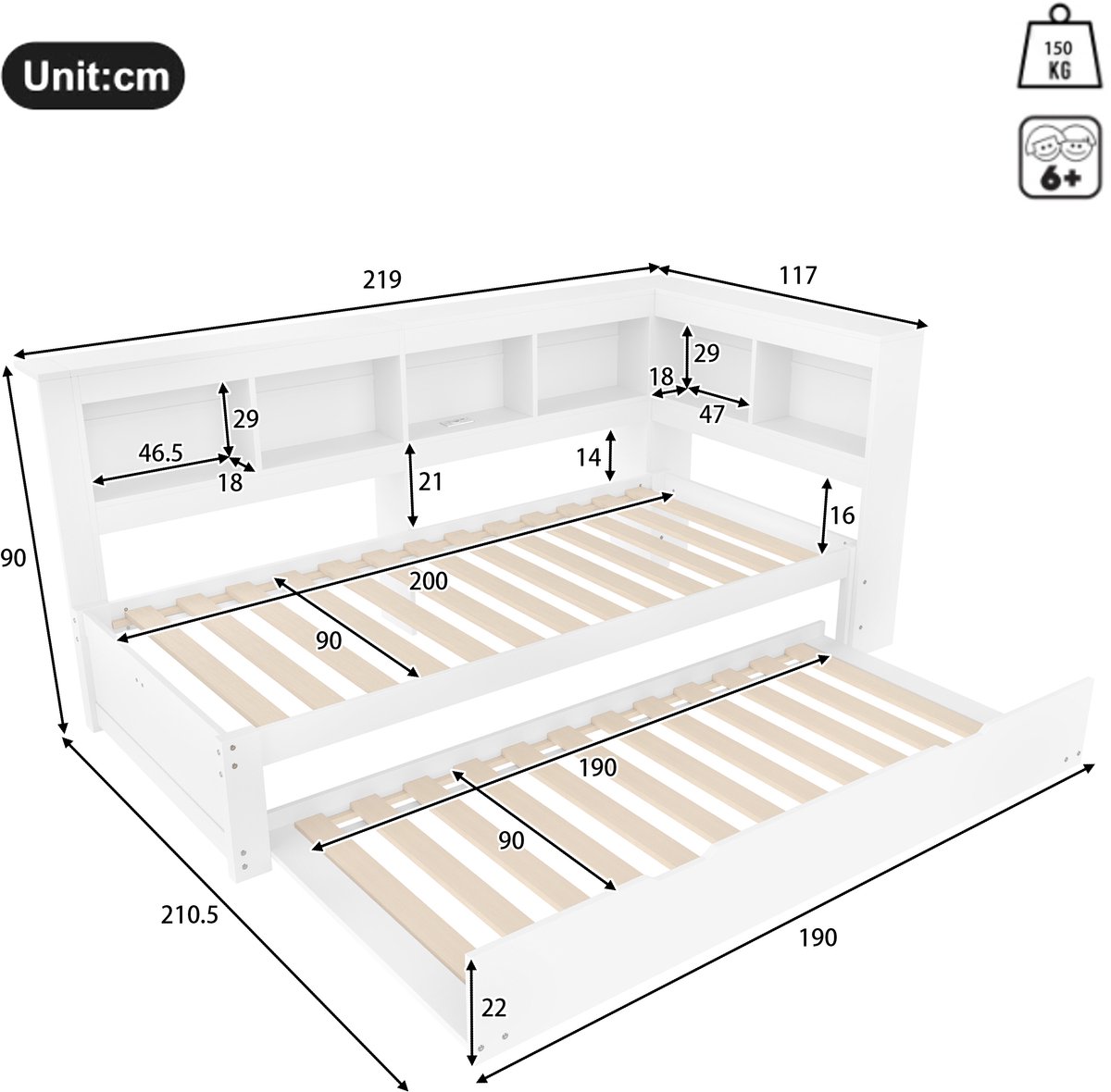 Dagbed 90x200 cm - Met Opbergruimte - Uittrekbaar - Met USB-Oplaadpunt - Wit