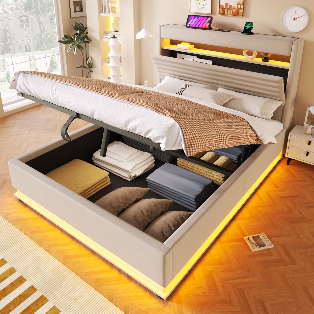 Gestoffeerd Bed 140x200 cm - Met LED-Verlichting - Met Opbergruimte - Met USB-Oplaadpunt - Beige