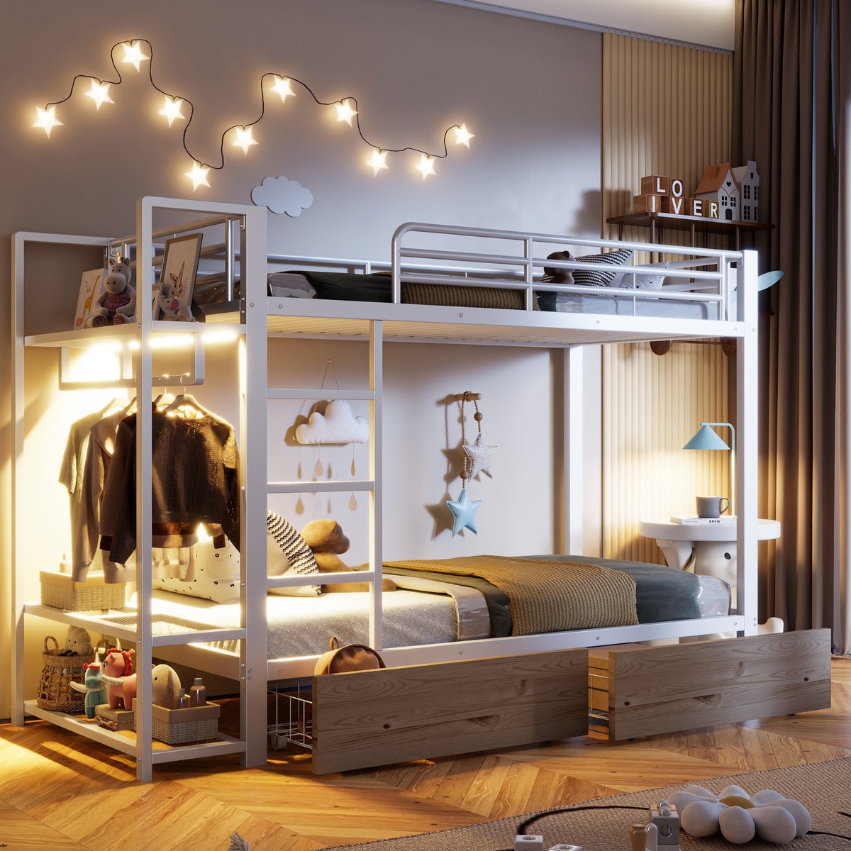 Stapelbed 90x200 cm - Met LED-Verlichting - Met Opbergruimte - Met Lades - Wit