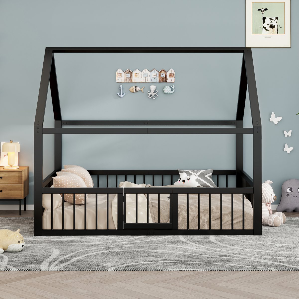 Platformbed 140x200 cm - Met Valbeveiliging - Sprookjesdesign - Zwart