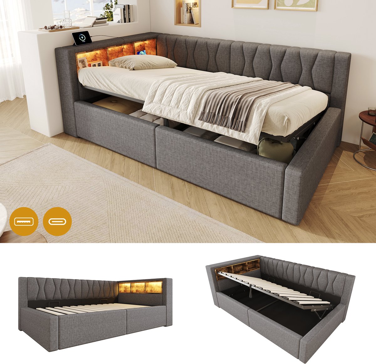 Dagbed 90x200 cm - Met LED-Verlichting - Met Opbergruimte - Met USB-Oplaadpunt - Grijs