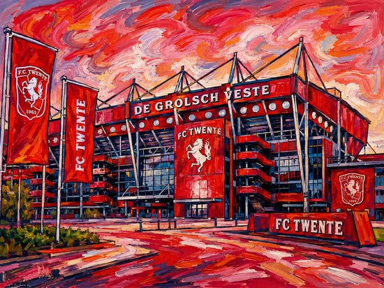 Fauvistische kleurenpalet van het stadion De Grolsch Veste, FC Twente. Het stadium is rood met het FC Twente logo en 'De Grolsch Veste' in witte letters.