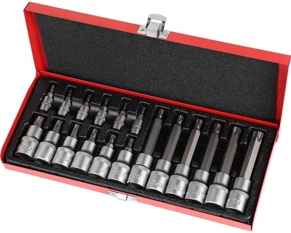 Torx-dopsleutelset 18-delig - 1/2 inch - 1/4 inch - Metalen Koffer - Robuust - Geschikt voor Hoog Koppel