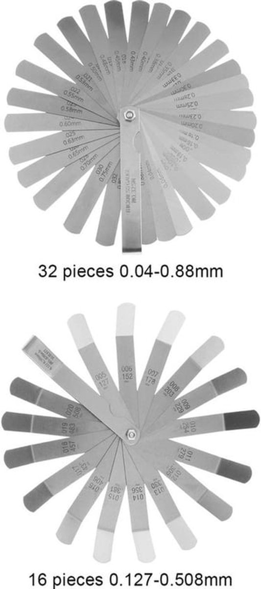 Feeler Gauge Set 32 Blades - Metrische/Imperial Gap Meetgereedschap - 16 Blades Standaard SAE - Roestvrij Staal - Zilver - Meetbereik 0,04 mm tot 0,88 mm - Gapmeter